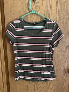 Rue21 Olive Scoop Neck Striped Tee with Pink White and Navy